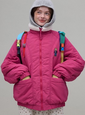 oddmaker小熊绣花火龙果立领微皱肌理感设计百搭保暖棉衣女外套