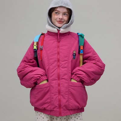 oddmaker小熊绣花火龙果立领微皱肌理感设计百搭保暖棉衣女外套