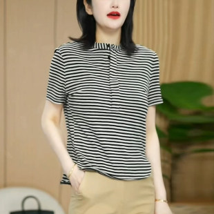 小衫 新款 时尚 2026夏季 恤立领正肩感妈妈洋气t女 上衣条纹设计短袖