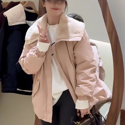 时尚羊羔毛娃娃领韩版冬新款棉衣服小个子宽松工装派克服短外套女