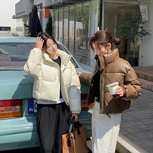 免洗PU皮羽绒棉服女新款超短款立领加厚小个子面包服冬外套