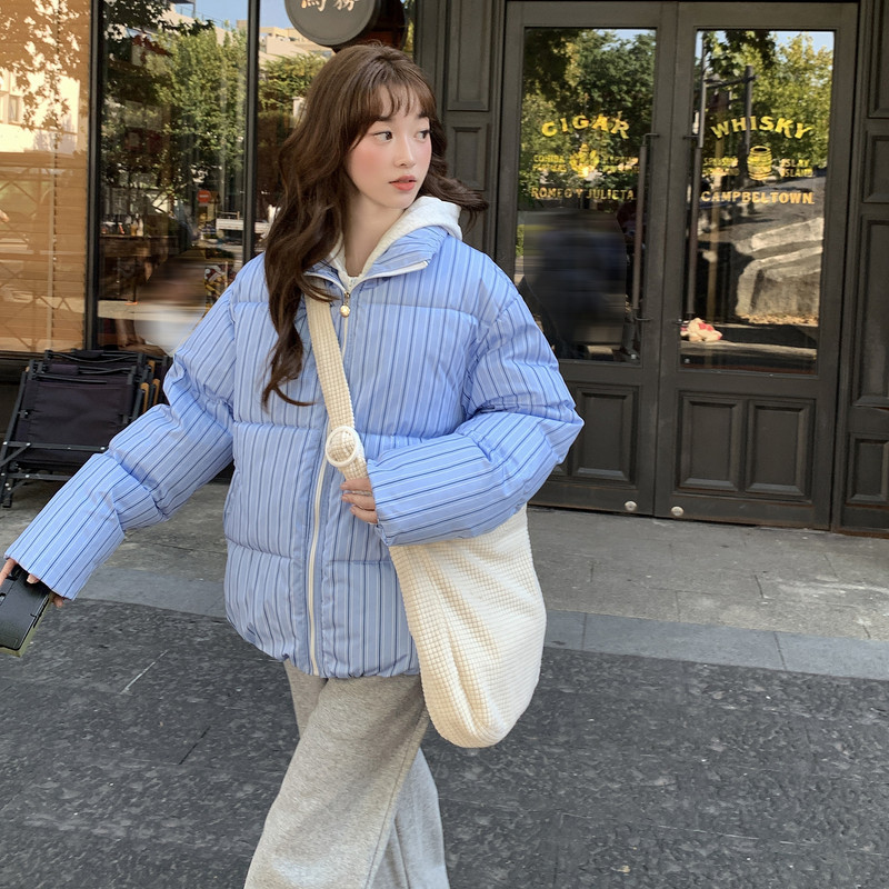 本店2025新款假两件蓝条纹面包棉服外套冬加厚保暖棉衣女新款