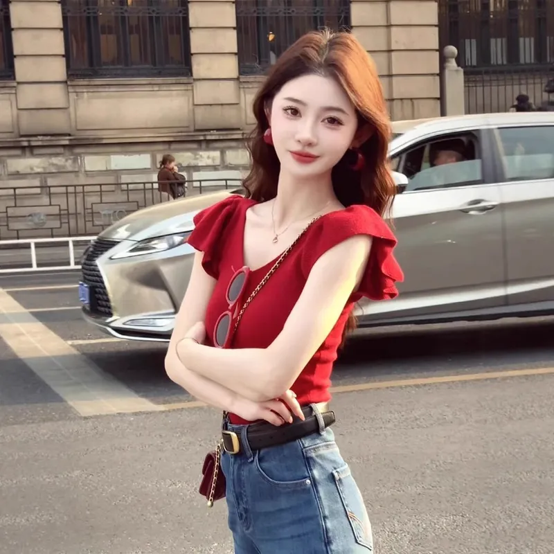 纯欲风V领红色短袖女收腰紧身小个子百搭荷叶袖短上衣时尚休闲