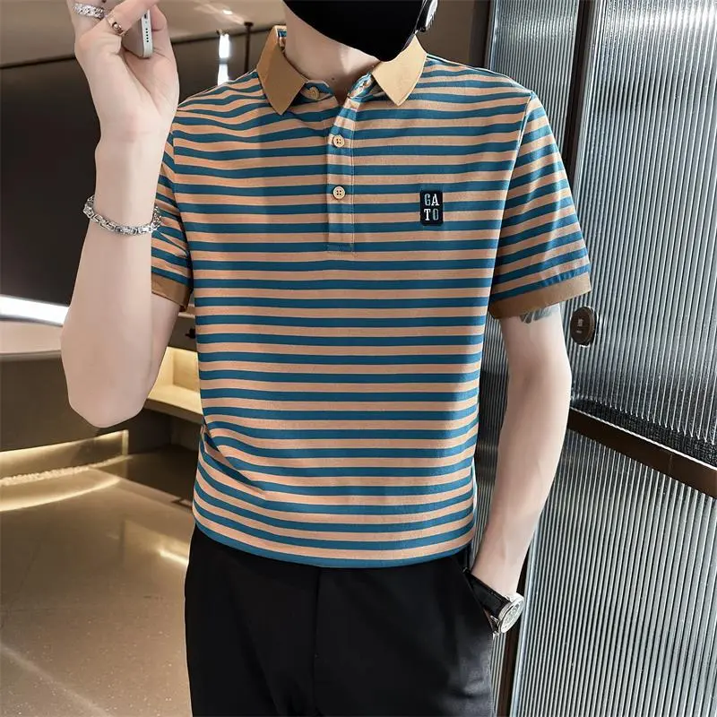 夏季男士条纹短袖POLO衫修身