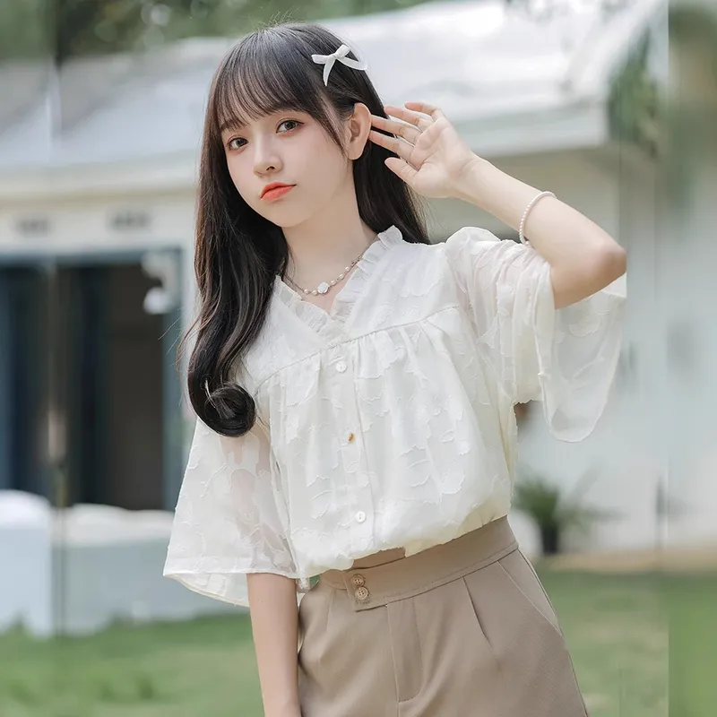 时尚潮流甜美日系V领短袖雪纺衬衫女设计感半袖衬衣夏季衬衣衣服