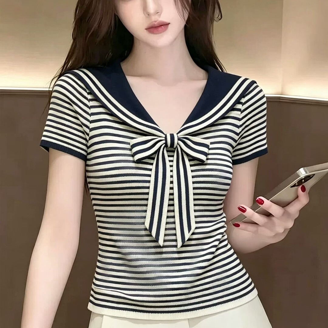韩式海军风蝴蝶结条纹短袖t恤女夏季翻领收腰显瘦减龄百搭上衣潮