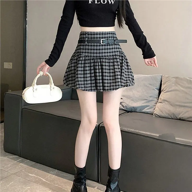 配腰带格子蓬蓬半身裙女夏季复古花苞裙裤防走光高腰a字云朵短裙