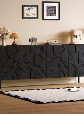 中古风餐边柜雕花边柜客厅多功能侘寂风储物柜黑橡木色装饰玄关柜