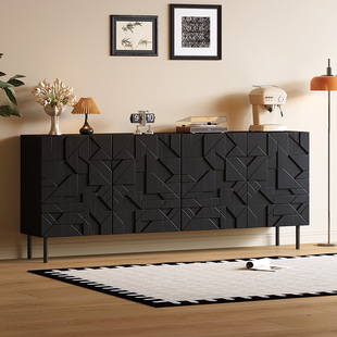 中古风餐边柜雕花边柜客厅多功能侘寂风储物柜黑橡木色装 饰玄关柜