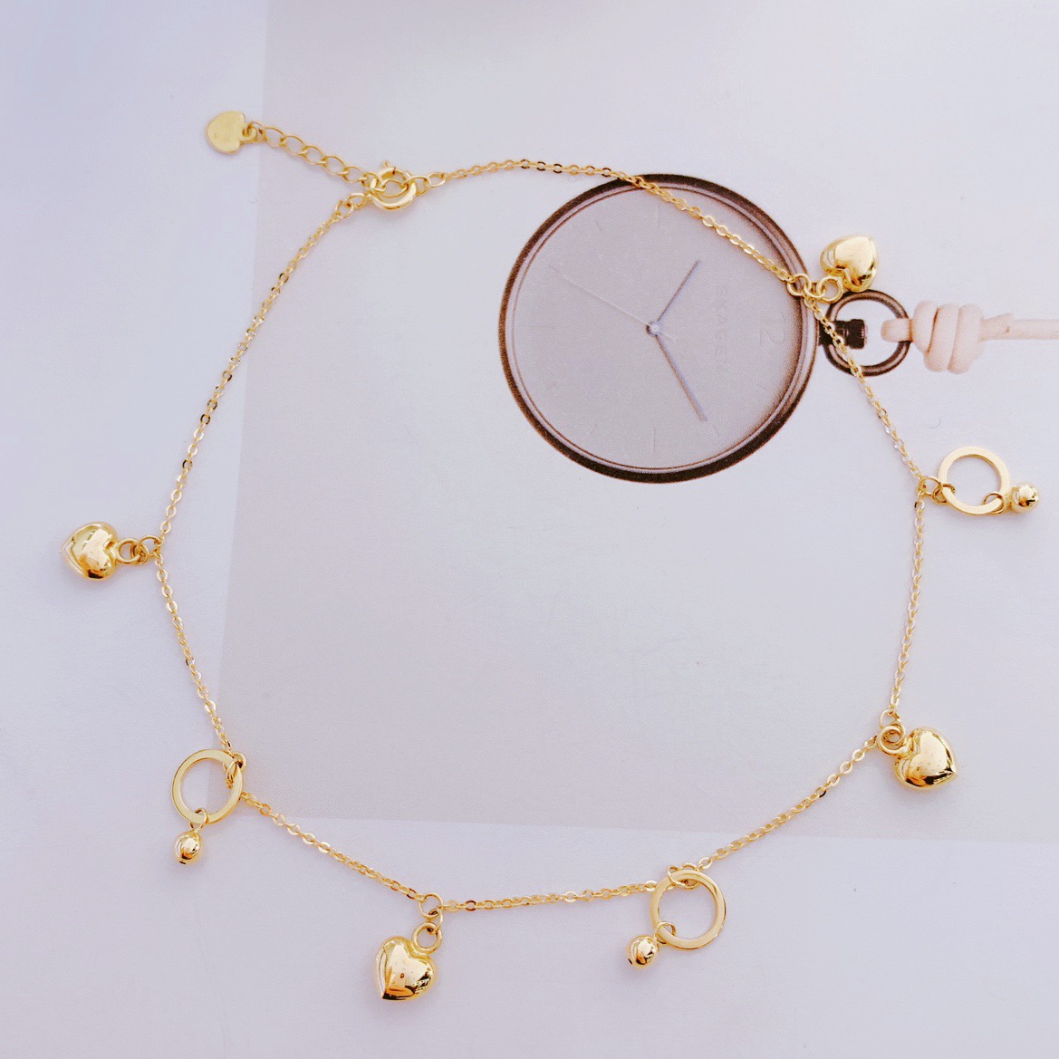 正品14K金彩金爱心流苏脚链女AU585黄金高级感足链韩国黄金脚链