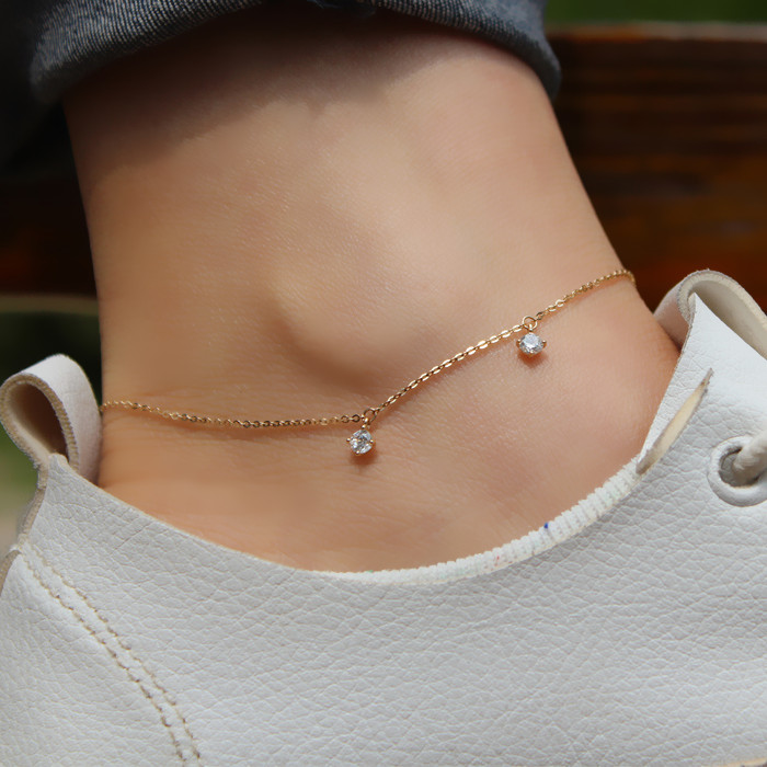 K金首饰  细款黄金精致闪亮女款脚环AU585 纯金14K金锆石脚链