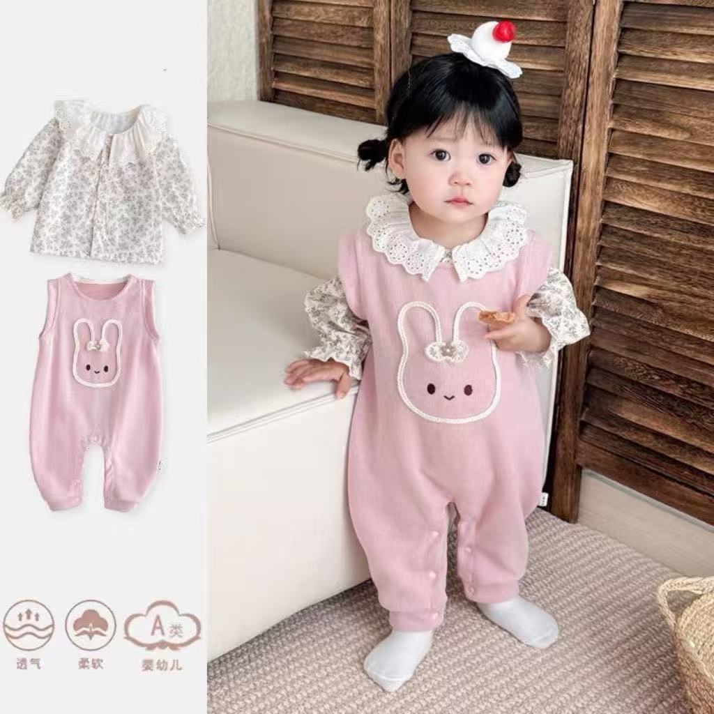 婴儿春秋季连体衣服背带套女宝宝甜美韩超萌洋气背带裤两件套爬服