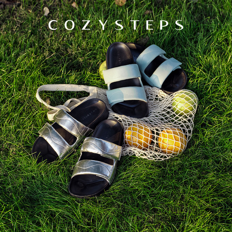 COZY STEPS可至女士26夏季新款透气头层牛皮厚底双条带拖鞋凉鞋女