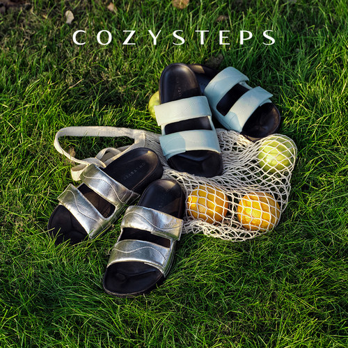 COZY STEPS可至女士26夏季新款透气头层牛皮厚底双条带拖鞋凉鞋女