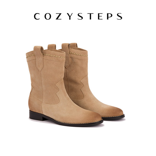 COZY STEPS复古做旧绒面牛仔靴时尚西部靴中筒靴秋冬保暖女靴