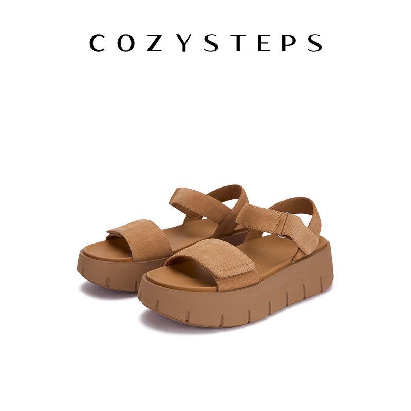 COZY STEPS可至女士26夏季新款饼干凉鞋厚底魔术贴一字带羊皮凉鞋