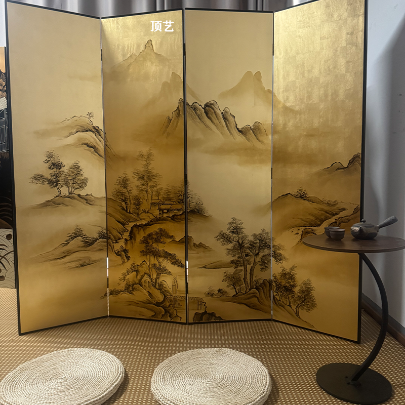 定制中式手绘山水漆画屏风可折叠移动客厅办公室玄关金箔隔断背景