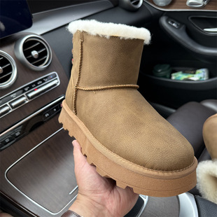 中筒厚底雪地靴女后跟带真皮加绒保暖内增高防滑底