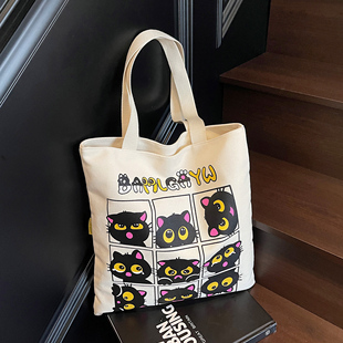 可爱小猫帆布袋手提单肩包大容量学生带拉链托特包上课上班通勤包