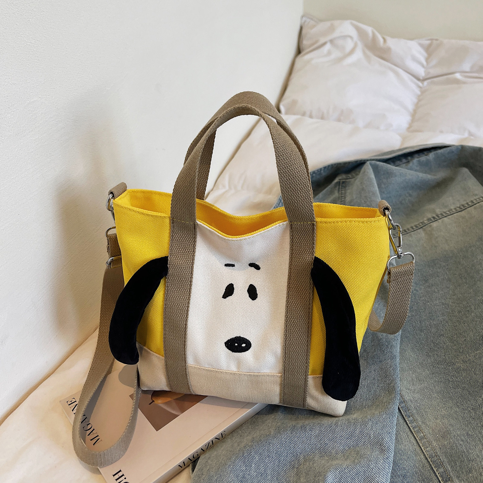 可爱小狗刺绣帆布包包女式带拉链简约手提小托特包日常通勤斜挎包