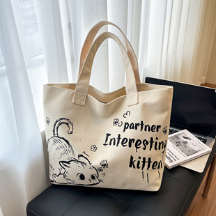 大容量帆布包托特包包女通勤外出带拉链手提购物袋卡通可爱单肩包