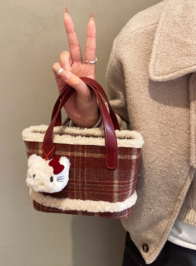 小众设计迷你小包包女冬季新款潮复古毛呢格子小方包带拉链手机包
