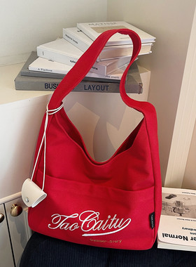 加厚帆布刺绣托特包包女韩版大容量通勤手提红色帆布包休闲单肩包