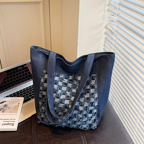 时尚格子牛仔托特包大容量拉链包