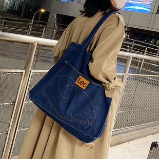 复古大容量深蓝牛仔包新款 原宿ulzzang单肩帆布包学生手提托特包