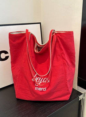 原创条纹单肩包女大容量包包2025新款韩系休闲帆布包女通勤托特包