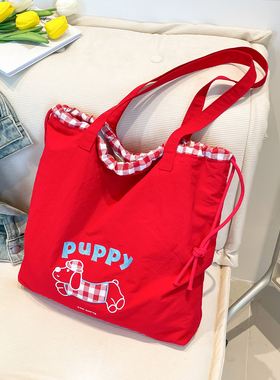韩系红色帆布包包女可爱腊肠狗刺绣托特包大容量通勤慵懒风单肩包