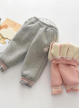 冬季洋气加厚羊糕绒保暖开裆婴儿外穿休闲卫裤男女宝宝宽松1-4岁2