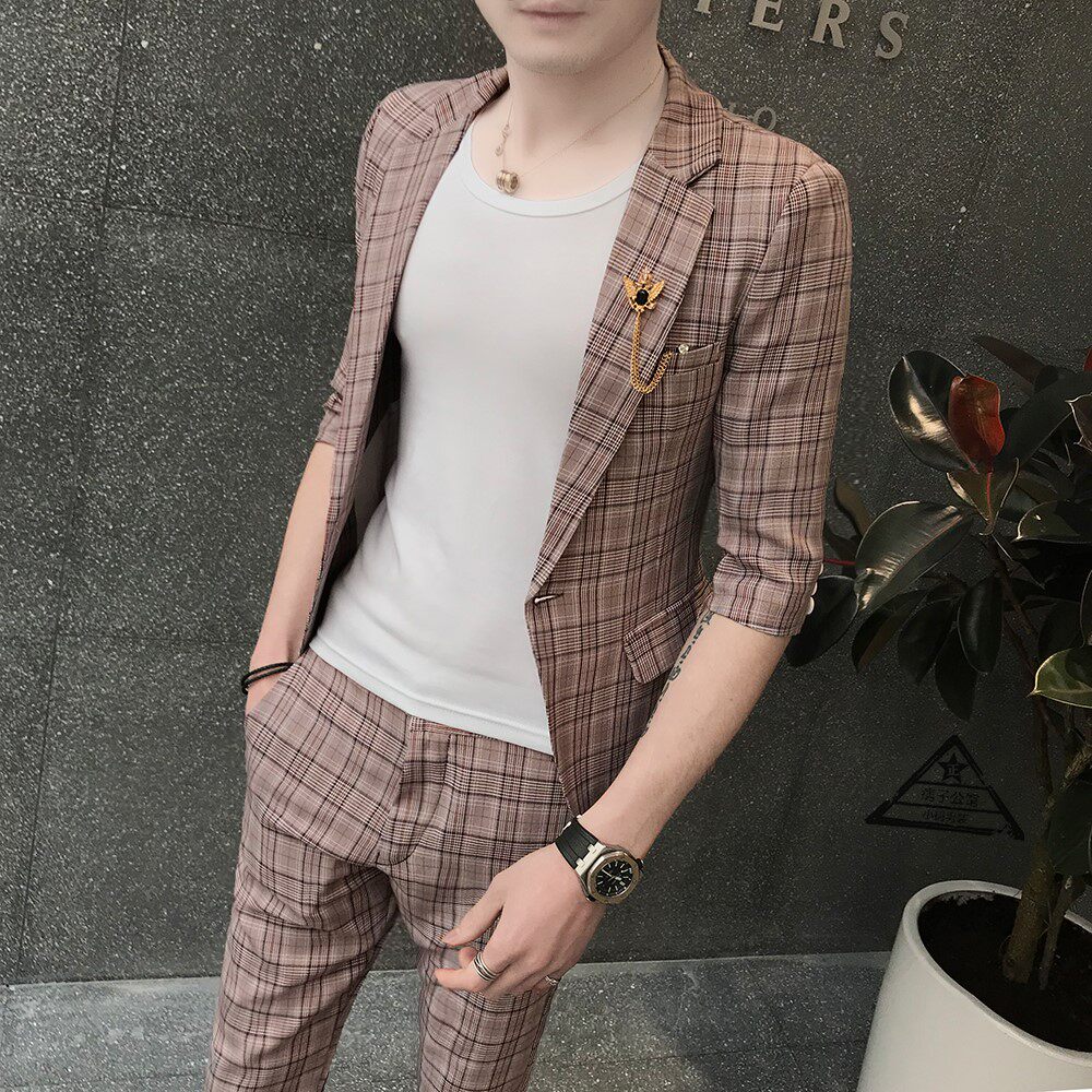 中袖格子西装影楼主持英伦潮男修身套装一身夜场上班三件套推荐