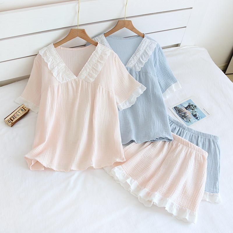 夏季新款睡衣女薄款短袖短裤纯棉纱布双层绉布萝莉公主风家居服套