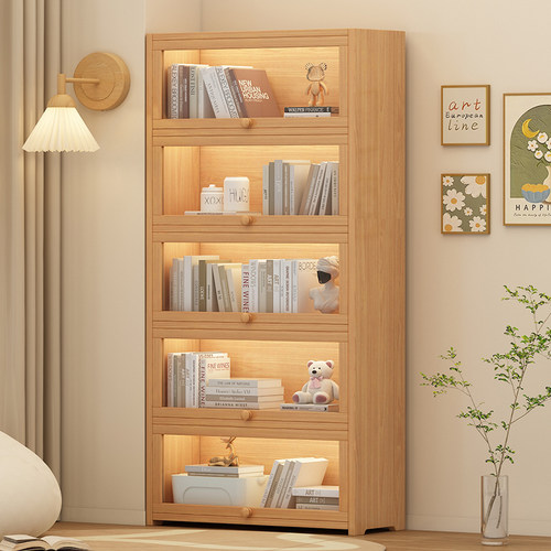 书架落地置物架一体靠墙收纳柜客厅多层储物柜展示柜防尘实木书柜