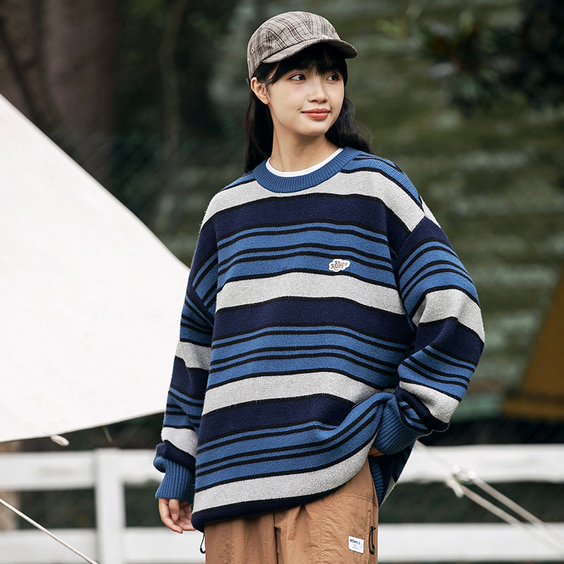 2026秋季新款男装日系潮牌条纹毛衣撞色圆领套头针织衫M102-F79，男装针织衫/毛衣，电商A101（原外27）