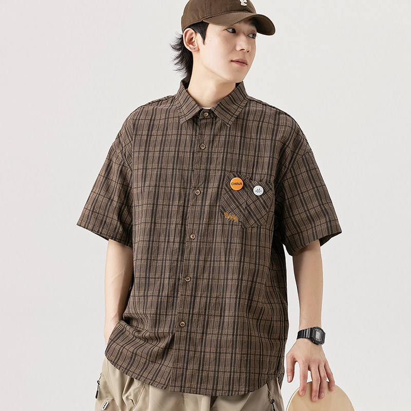 2026夏季新款男装日系复古小格子休闲短袖衬衫宽松衬衣CS218-F75,男装T恤,电商A101（原外27）