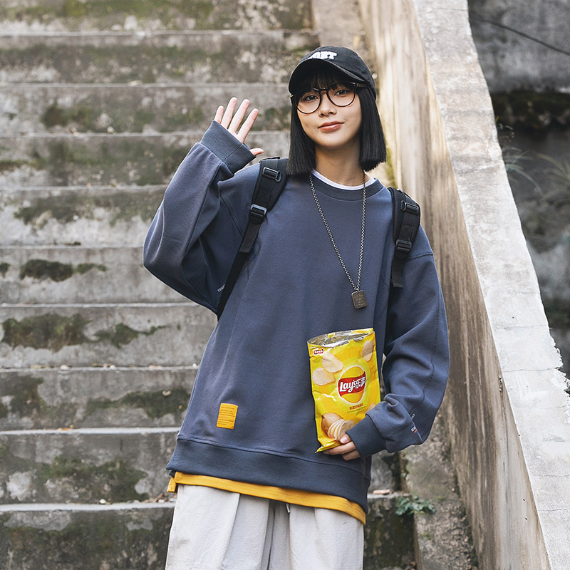 2026春季日系原创宽松撞色假两件珠地材质套头卫衣男WY202-F95,男装卫衣,电商A101（原外27）