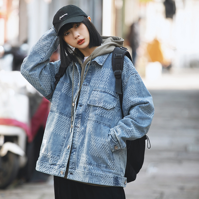 2024春季新款男装日系潮牌贴布格子牛仔外套夹克宽松JK286-F145，男装夹克，电商A101（原外27）