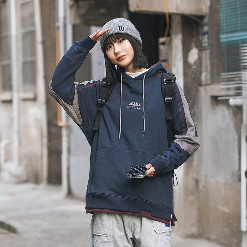 2026春季新款男装日系潮流拼接撞色假两件宽松连帽卫衣WY262-F105,男装卫衣,电商A101（原外27）