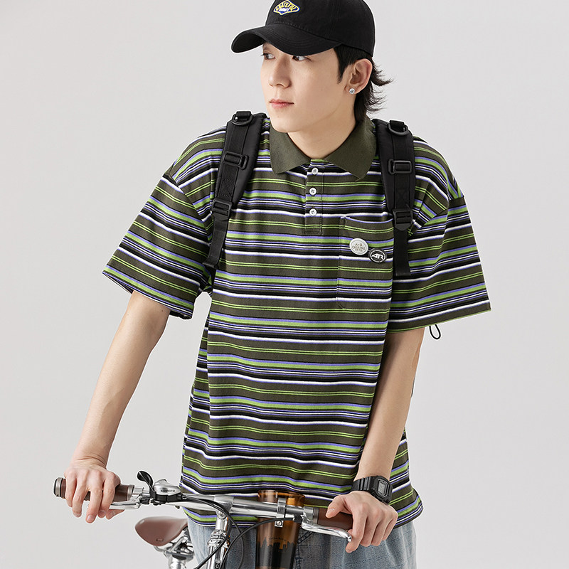 2026夏季新款男装日系潮牌宽松休闲翻领条纹短袖polo衫PL56-F65,男装T恤,电商A101（原外27）