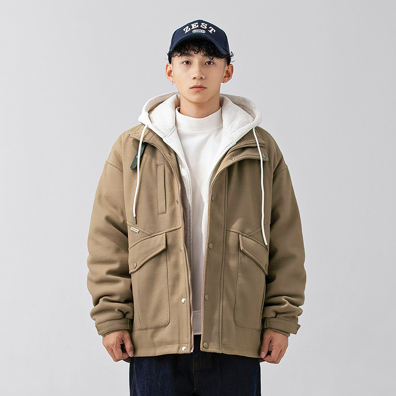 2026冬季新款男日系假两件工装连帽加厚毛呢外套棉服MY300-F195,男装棉衣,电商A101（原外27）
