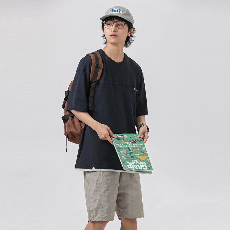 2026夏季新款男日系原创字母印花假两件短袖纯色宽松T恤T830-F45,男装T恤,电商A101（原外27）