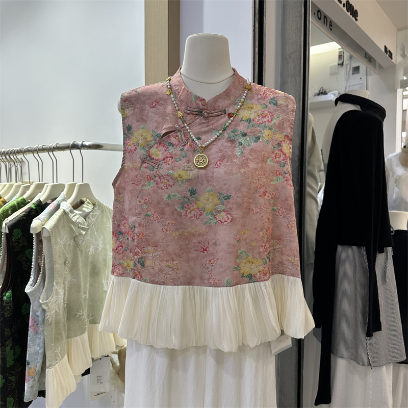 国风碎花马甲女荷叶边上衣2025夏