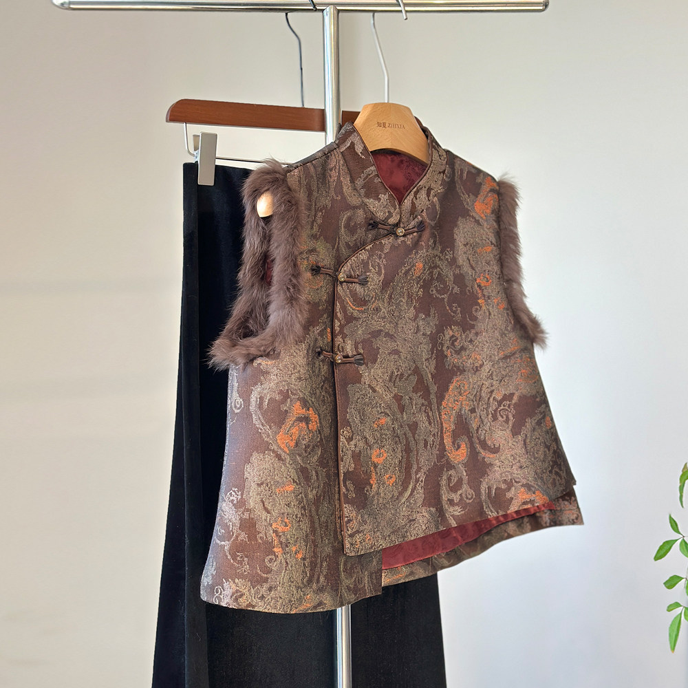 咖色高级感新中式国风盘扣马甲女装加厚保暖背心外穿夹棉马甲上衣