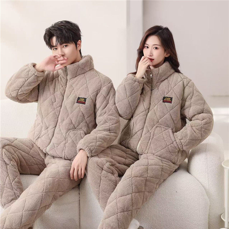 夹棉女士冬季三层保暖加绒家居服