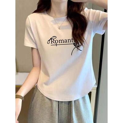 大码正肩短袖t恤女夏季甜美半袖2025新款短款弧形下摆显瘦上衣服