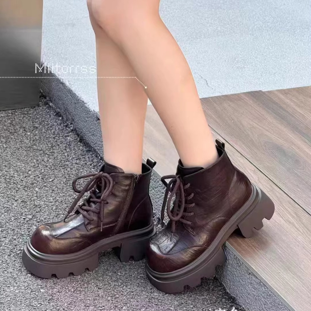 蜜女鞋厚底马丁靴方头加绒25冬款女鞋时尚百搭韩版潮鞋增高气质