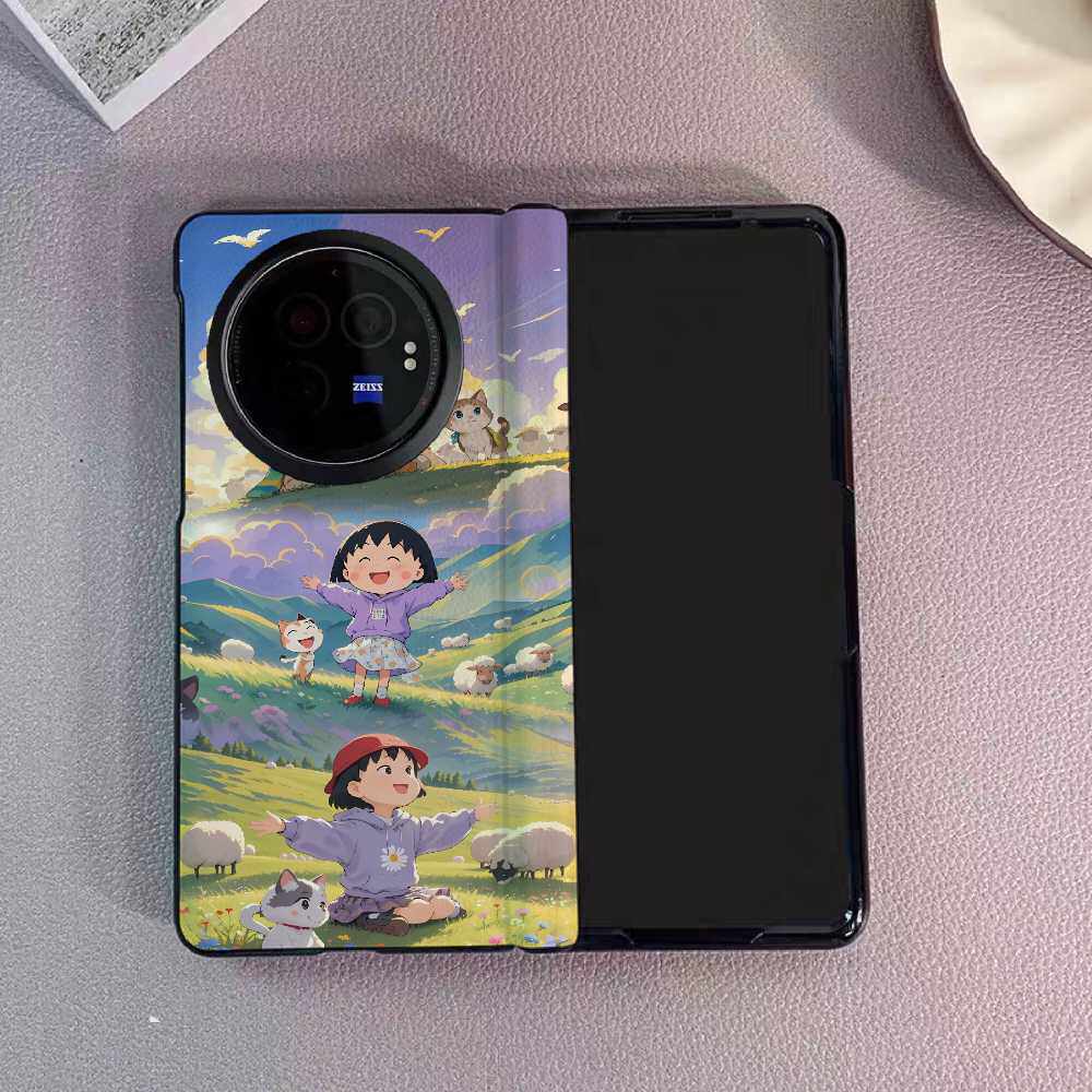 春日樱桃小丸子适用vivo xfold5手机壳折叠屏xfold3pro卡通可爱创意高级感壳膜一体全包中轴防摔保护套皮纹