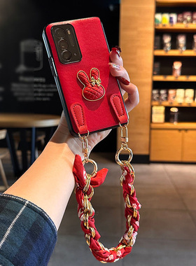 适用于oppo findn5手机壳红色格纹兔子新款findn3折叠屏皮质保护套新年款丝巾手提挂绳防摔可爱少女ins风创意